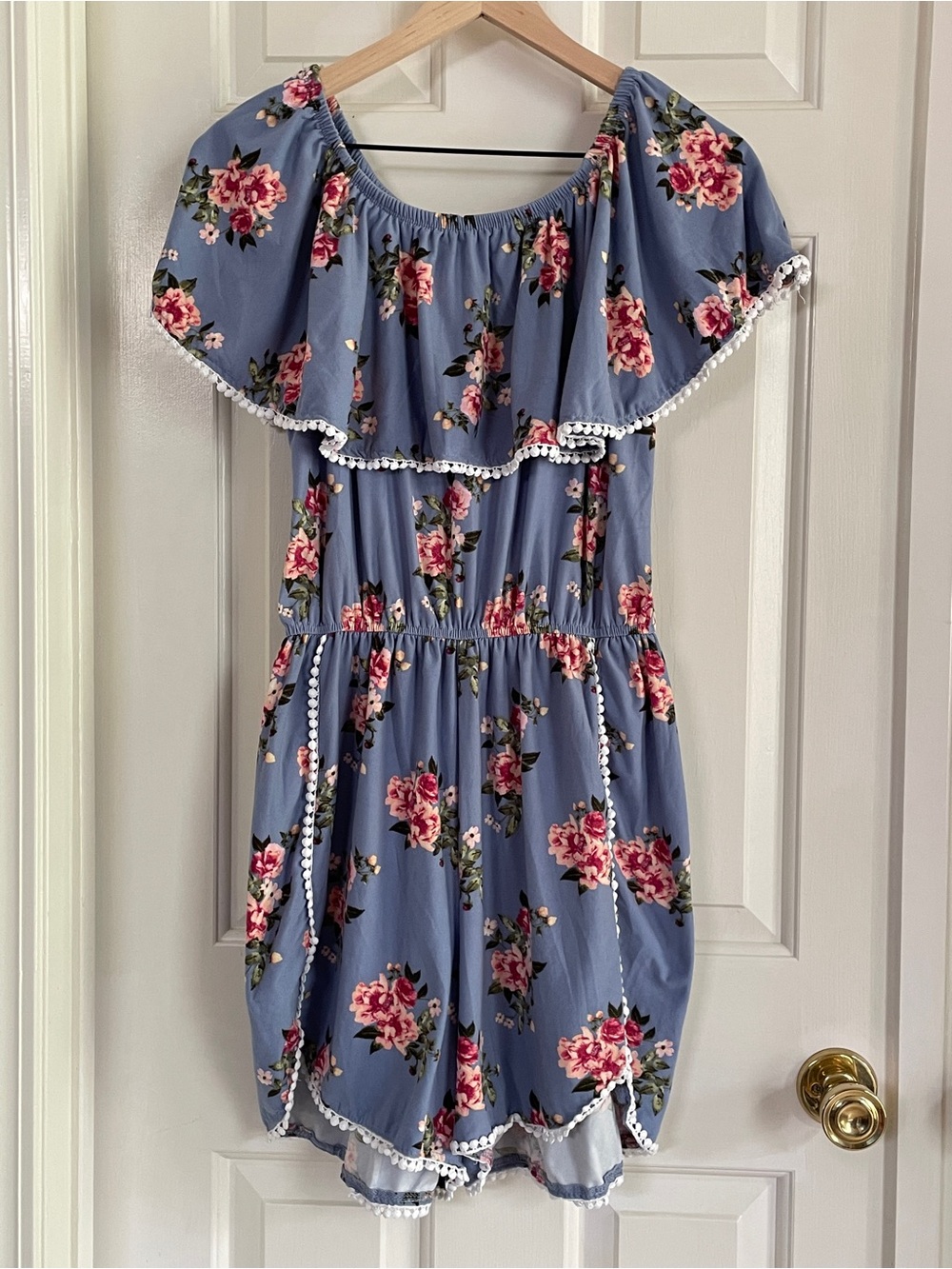 Love Mood Blue Floral Off Shoulder Romper Pom Pom, Plus Sz 1x